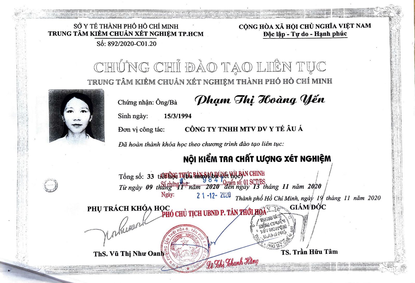 CỬ NHÂN XÉT NGHIỆM NGUYỄN HOÀNG YẾN