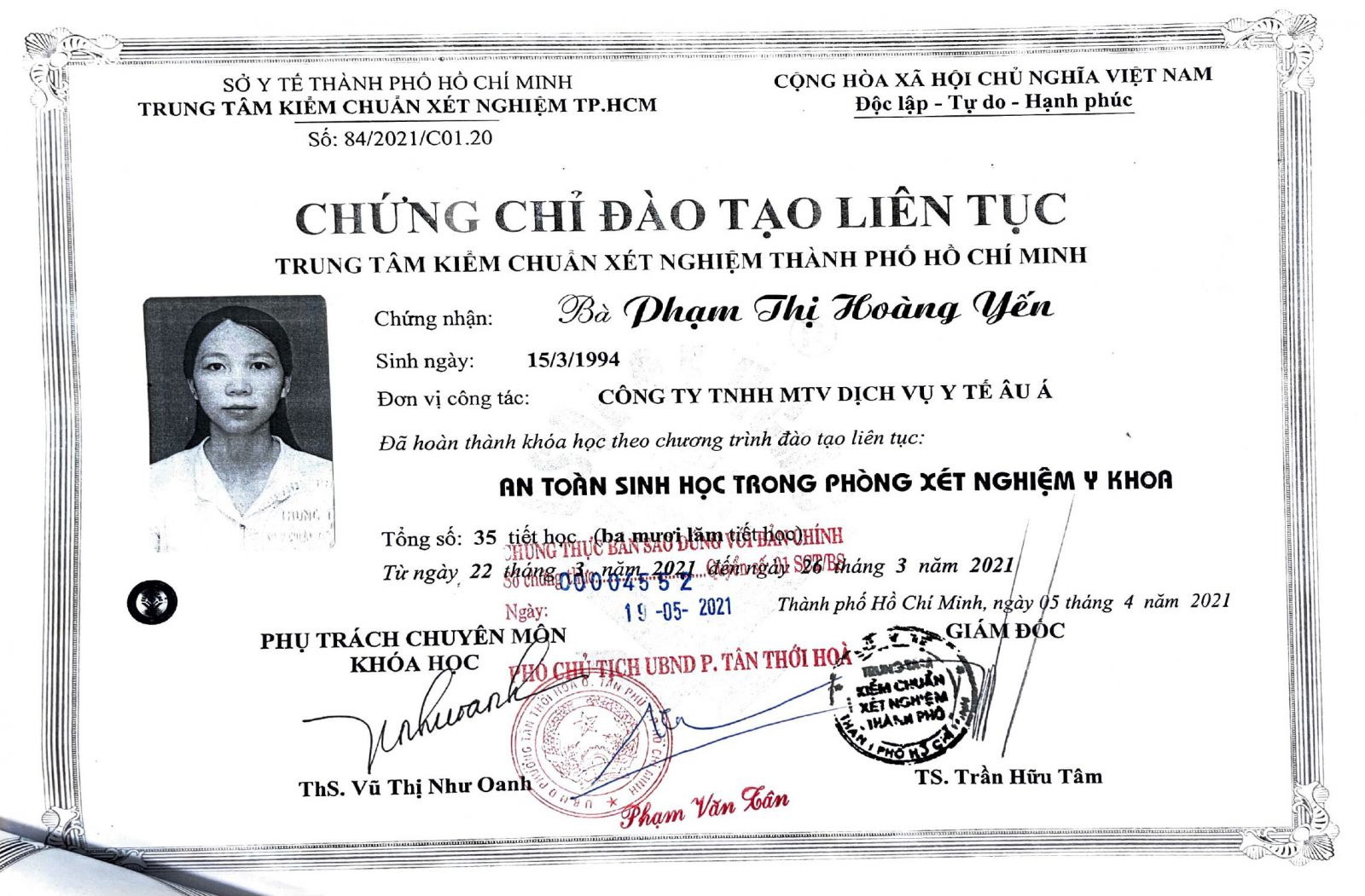 CỬ NHÂN XÉT NGHIỆM NGUYỄN HOÀNG YẾN