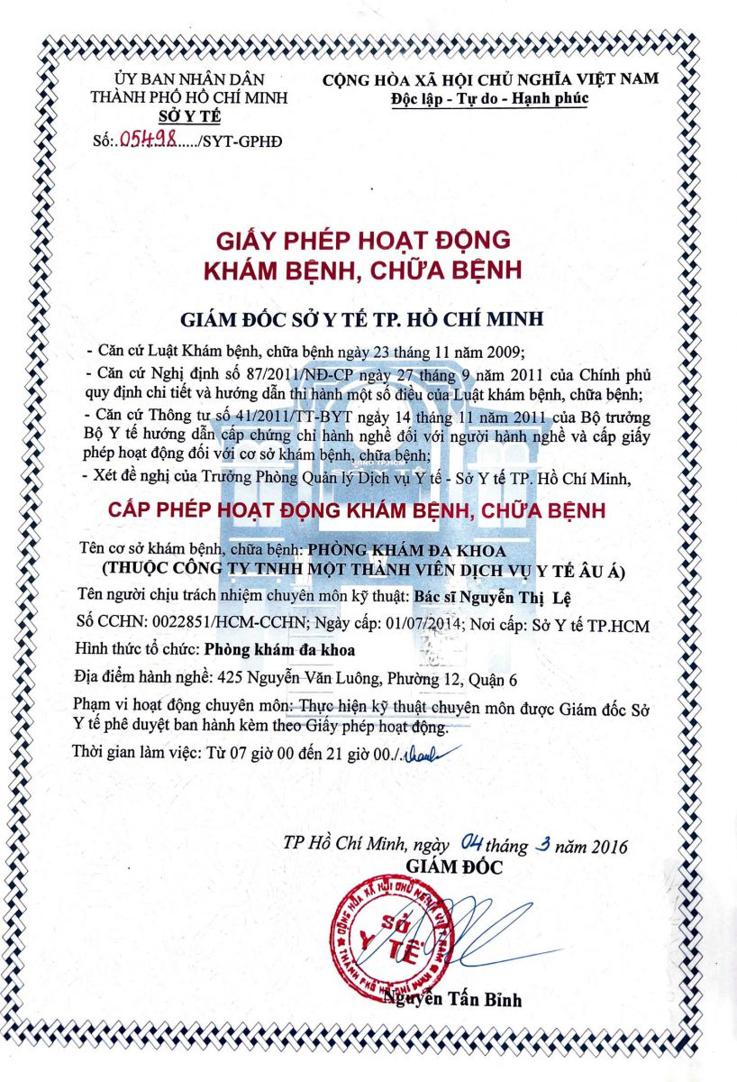 Giấy phép hoạt động phòng khám đa khoa âu á