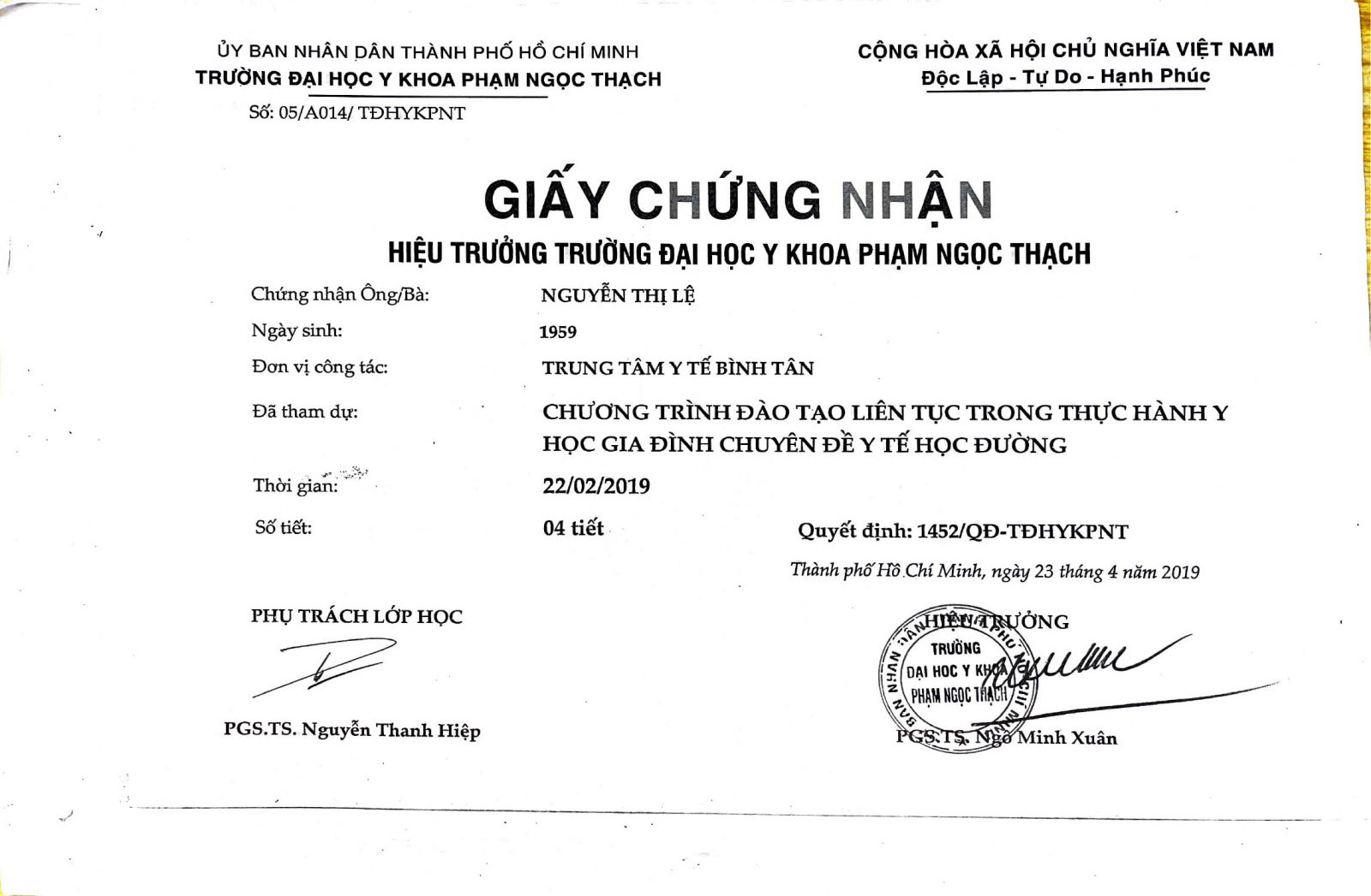 HỒ SƠ BÁC SĨ NGUYỄN THỊ LỆ
