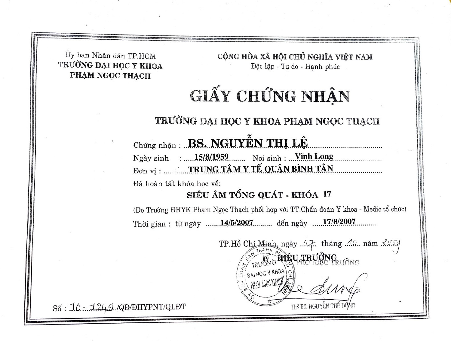 HỒ SƠ BÁC SĨ NGUYỄN THỊ LỆ