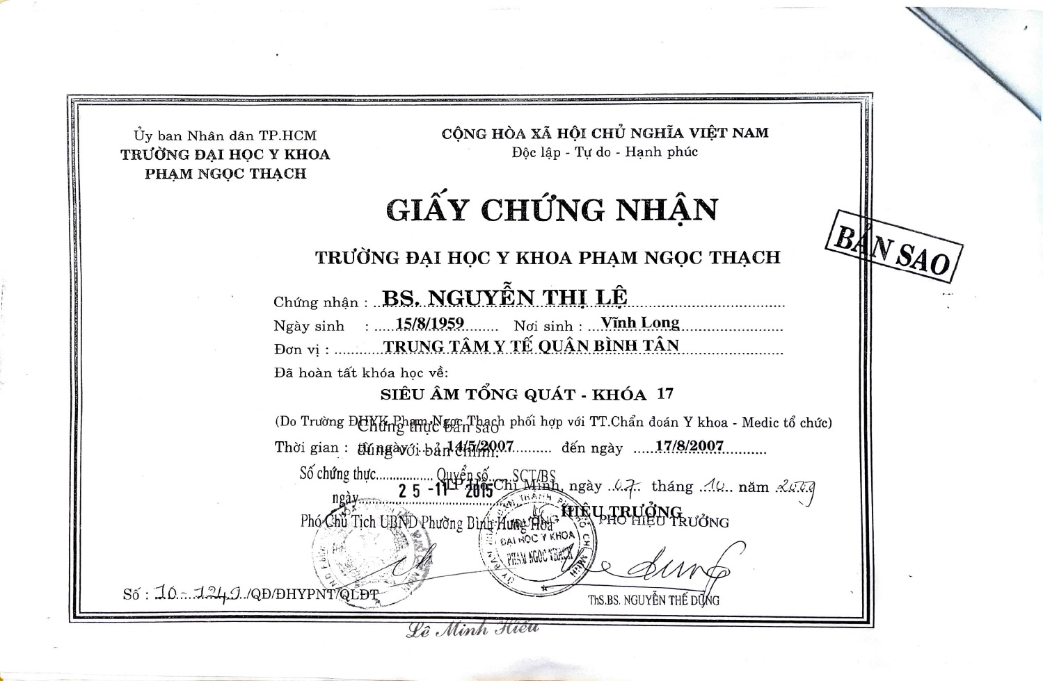 HỒ SƠ BÁC SĨ NGUYỄN THỊ LỆ